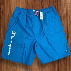 Champion Athletic Swim Trunks Mens‎ 2XL Blue Script Pockets Mesh-Lined Quick Dry